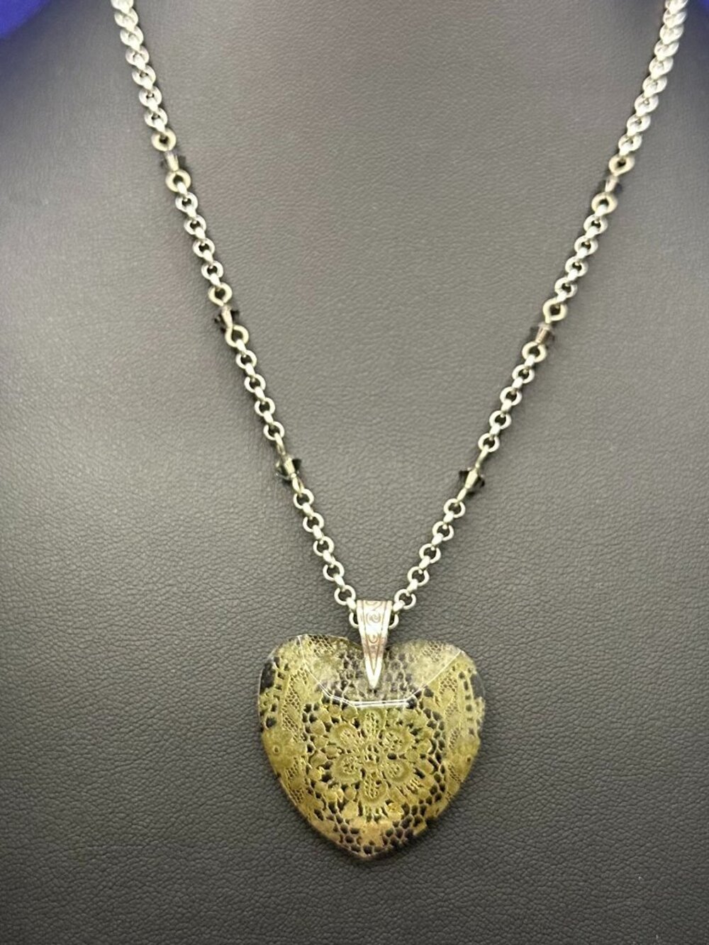 VTG Brighton Glass Heart Pendant Necklace Lace Motif